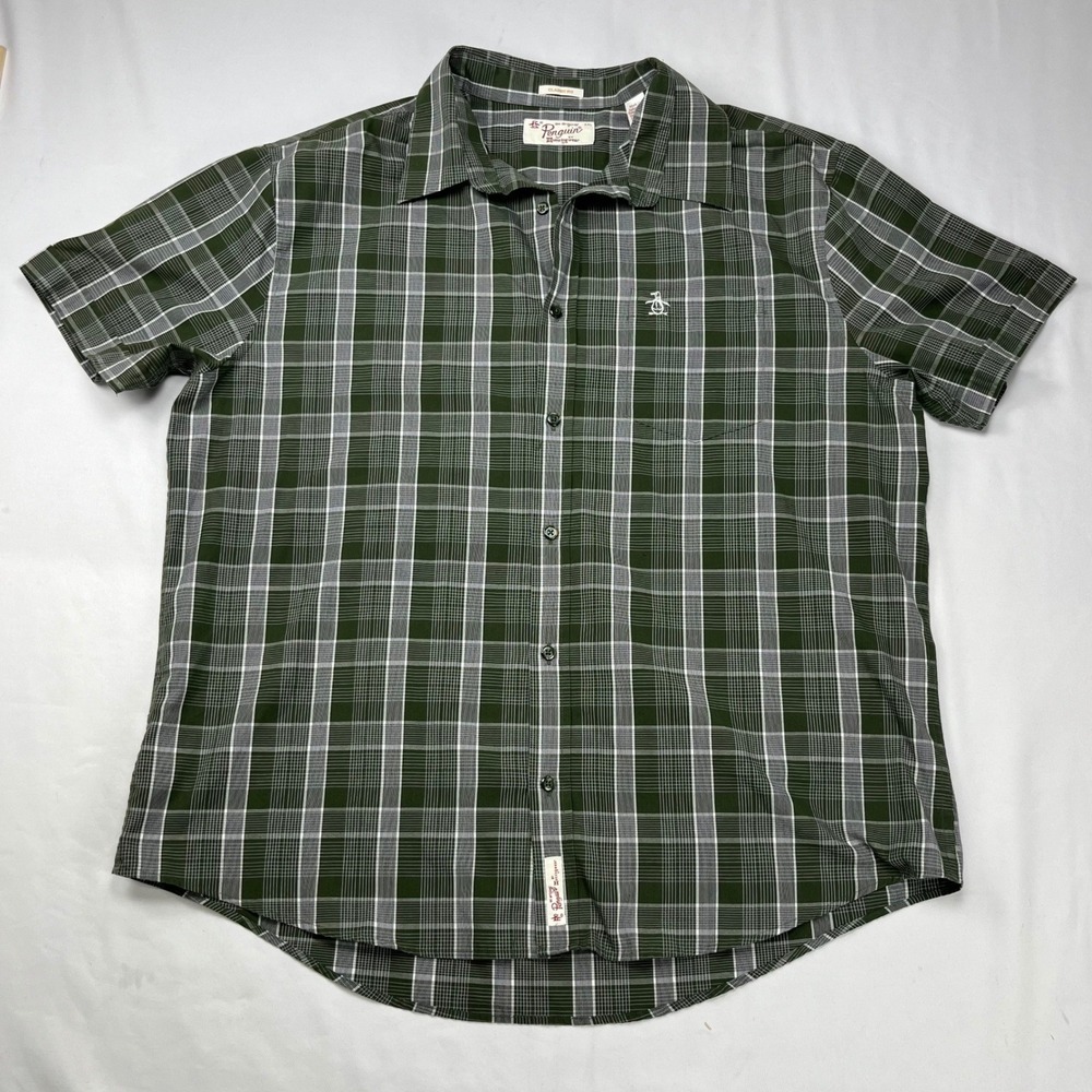 Original Penguin Mens XXL Green Plaid Short Sleeve Button Down Classic Fit Shirt